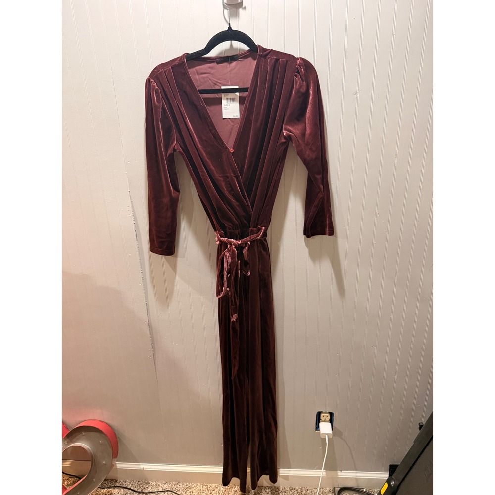 Fraiche by J Berry Velvet Wrap Front Jumpsuit Wide Leg Long Sleeve Small NWT